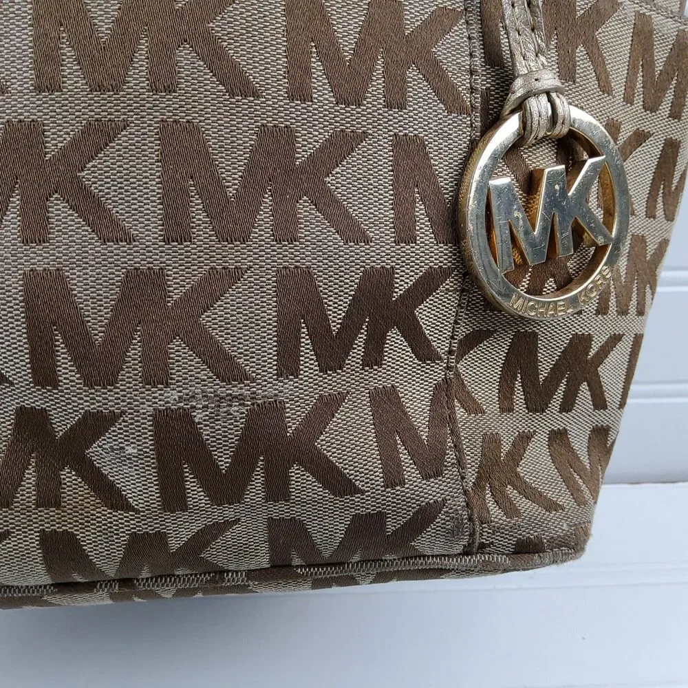 Michael Kors MK Signature Tote Shoulder Handbag Purse Brown